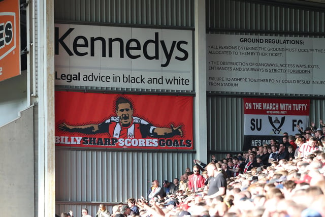 New Billy Sharp banner during the Sky Bet Championship match at Bramall Lane in March 2019.  James Wilson/Sportimage