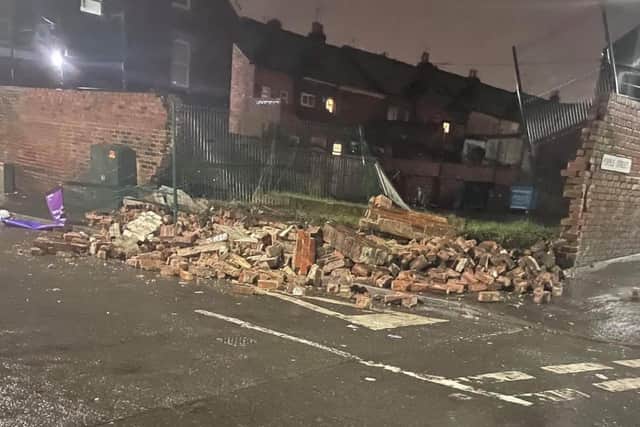 The wall at the rear of Firvale Community Hub was sent tumbling as high winds battered Sheffield (pic: Yasser Mohammad)
