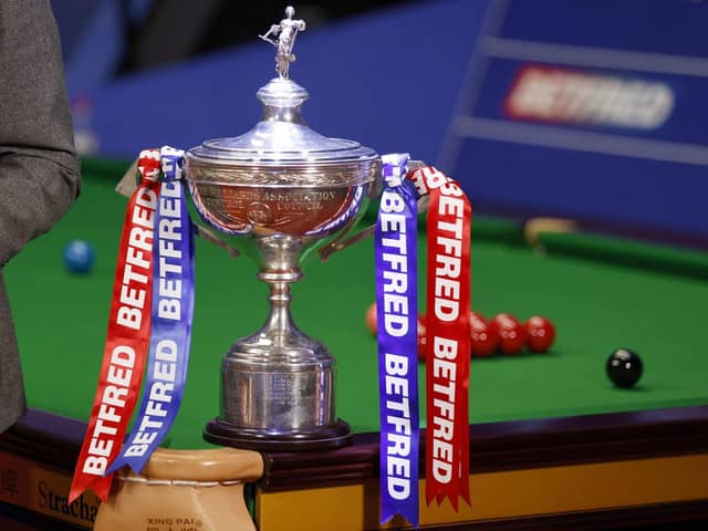 The Betfred World Snooker Championship trophy at The Crucible, Sheffield. Picture date: Saturday April 16, 2022. PA Photo. See PA story SNOOKER World. Photo credit should read: Richard Sellers/PA Wire.