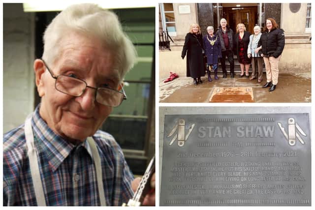 The memory of Stan Shaw (pictured left) lives on – with a memorial plaque (bottom right) carrying his name unveiled in front of the Cutlers Hall on Church Street (top right).