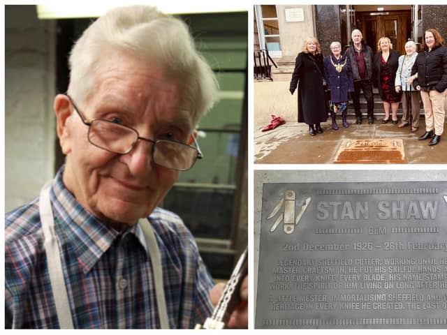 The memory of Stan Shaw (pictured left) lives on – with a memorial plaque (bottom right) carrying his name unveiled in front of the Cutlers Hall on Church Street (top right).