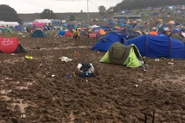 Tents in the mud at the Y Not Festival 2017, which had to be cancelled part-way through the weekend because heavy rain made it unsafe