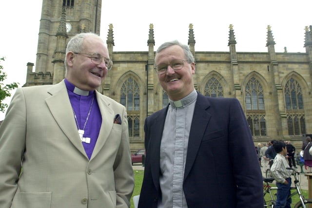 The Bishop of Sheffield the Rt. Revd. Jack Nicholls and the vicar of St. Mary's, Rev Julian Sullivan, pictured outside the church in 2000