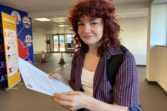 Nadia Frost collects her results at Sandhill. She said: It is about what I expected, so I am feeling quite happy this morning. She will study psychology, biology and English literature at college.
