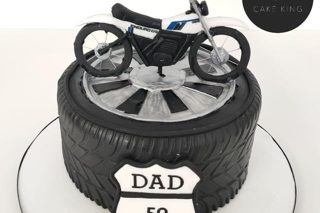 A round cake forms a great shape for a motorbike tyre with bike on top.
