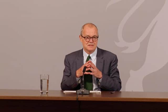 Screen grab of the government's chief scientific adviser Sir Patrick Vallance speaking at a Downing Street briefing to explain how the coronavirus is spreading in the UK and the potential scenarios that could unfold as winter approaches.