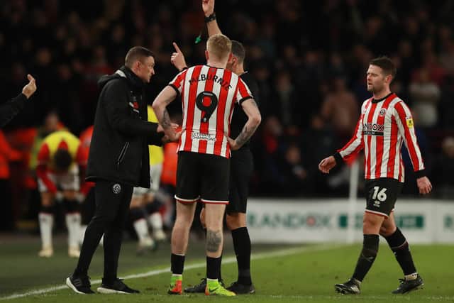 Sheffield United manager Paul Heckingbottom is shown a red card during the Sky Bet Championship match against Middlesbrough at Bramall Lane: Simon Bellis / Sportimage