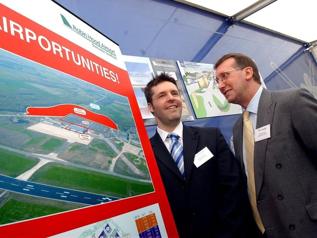 April 27 2005: Matthew Fitton (left), then Peel Holdings Property Manager, and Roger Kuhmel, then Property Manager at Robin Hood Airport, are pictured at the launch of the Airport's business park.