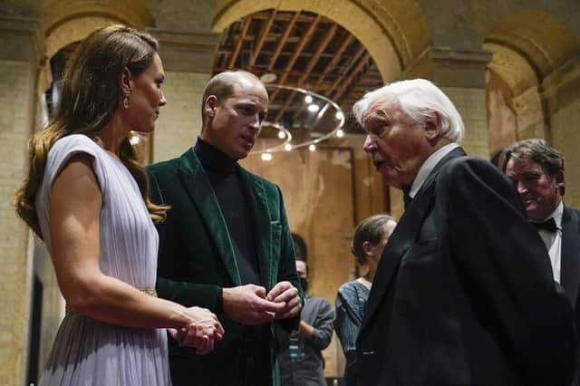 The Duke and Duchess of Cambridge speaking to Sir David Attenborough during the first Earthshot Prize awards ceremony at Alexandra Palace in London. Photo: Alberto Pezzali/PA Wire