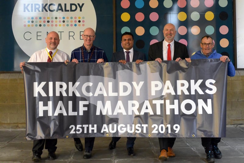 The Postings was rebranded the Kirkcaldy Centre, and became a main sponsor of the newly revived Kirkcaldy Half Marathon in May 2019.  From left:  Jim Buchan, Cllr Alastair Cameron,  Tahir Ali, Cllr Neil Crooks, Jim Taylor Official organiser (Pic: George McLuskie)