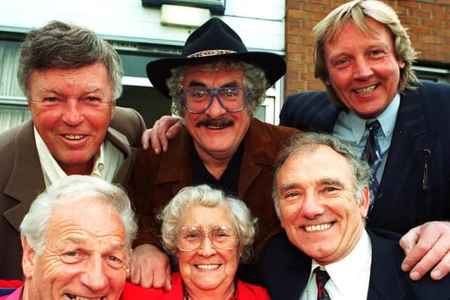 Chantry Hotel owner Jackie Toaduff (top left), who has sadly died, with his celebrity friends Bobby Knutt, Danny Clarke, Roy Toaduff, Sally Carmichael and Peter Price