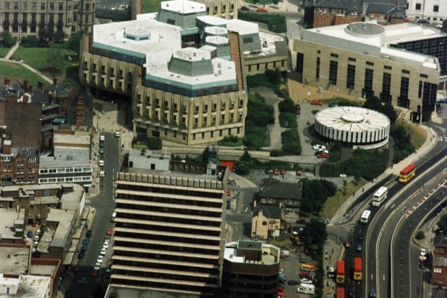 A bird's eye view of the 'egg box' Town Hall extension and the 'wedding cake' register office in the 1990s