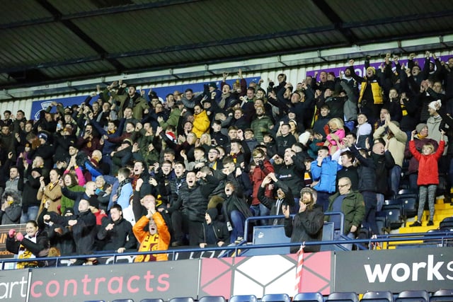 Motherwell's travelling supporters go wild after Jake Carroll's free-kick winner at Rugby Park on December 21, 2019.