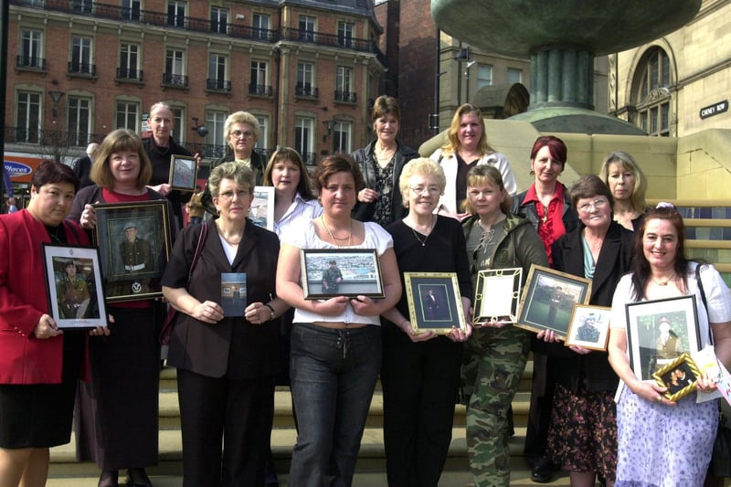 Mums of serving soldiers in the Gulf in 2003, from left, Lynne Dunn, Sue Thompson, Linda Edley, Jackie Burrows, Rose Bramall, Michelle Rodgers, Jayne Burditt, Jill Anson, Grace Davison, Michelle Williamson, Julie Foster, Karen O'Keefe, Maureen Childs, Tina Brodie and Lorna Parkin
