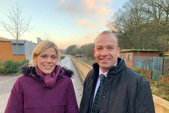 Penistone and Stocksbridge MP Miriam Cates with the minister for railways, Chris Heaton-Harris, at the site of the proposed Stocksbridge station. Funding has been awarded to develop plans to restore passenger services on the Don Valley line between Sheffield city centre and Stocksbridge