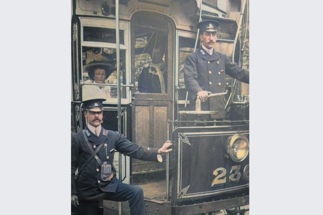 Colourised picture of an early Sheffield tram, in the early 1900s. Picture from Sheffield Since 1900
