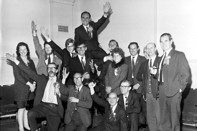 Harry Ewing celebrates with supporters after winning the Falkirk by-election in September 1971.