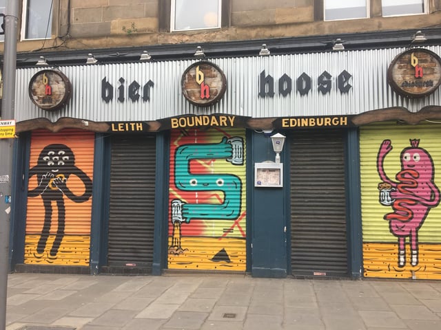 Bier Hoose on Leith Walk, Edinburgh, boasts some colourful street art on its shutters while it's closed during lockdown