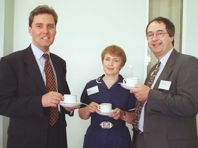 Health minister Alan Millburn (left) spares time for a cup of tea and a chat on a flying visit to the racecourse exibition centre for an NHS conference on primary healthcare. Pictured with him are community nurse Janet Dove and Dr John Felton who's the principal GP at the mount group practice Doncaster in 1998