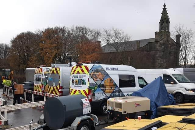 Pictured is a temporary emergency HQ for Cadent Gas and Yorkshire Water workers at Lomas Hall, Stannington, Sheffield