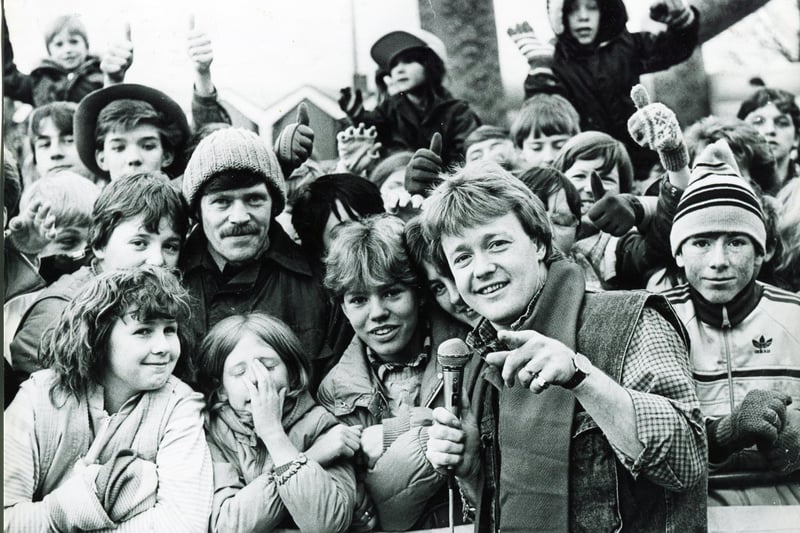 Keith Chegwin from BBC's Superstore proved a hot favourite with hundreds of Chesterfield youngsters who braved bitterly cold weather and snow flurries to greet him at Chesterfield Town Hall in 1985.