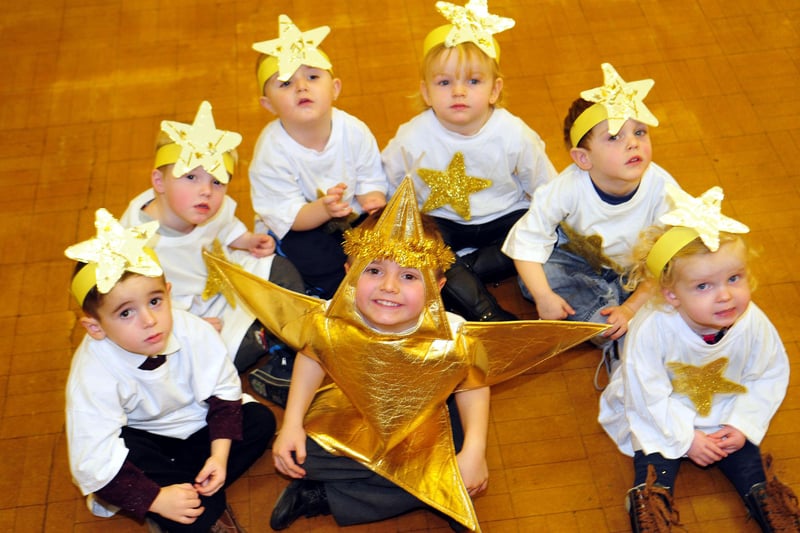 Ryan Bartlett (centre) with his fellow stars pose for their photograph before the Rossmere Primary nativity play in 2013.