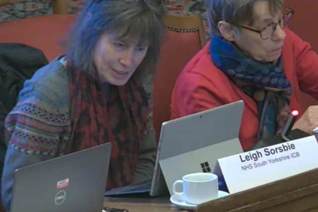 GP Dr Leigh Sorsbie of NHS South Yorkshire Integrated Care Board, left, speaking at a meeting of Sheffield City Council's health and wellbeing board