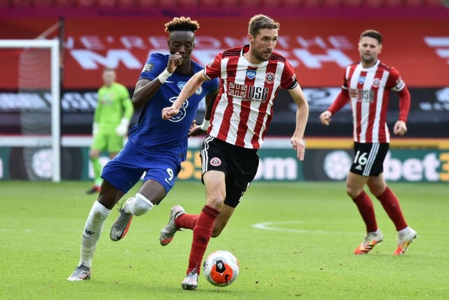 Tammy Abraham of Chelsea chases down Chris Basham of Sheffield United during the Premier League match between Sheffield United and Chelsea FC at Bramall Lane on July 11, 2020 in Sheffield, England.