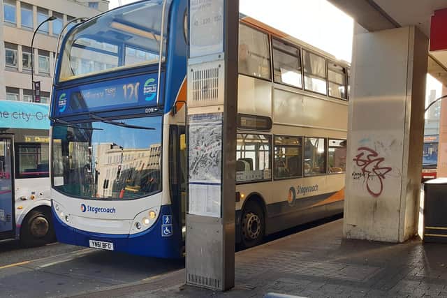 Drug addict Lee Brookes ‘sneaked onto Sheffield buses to steal and shoplifted £1000 from Marks and Spencer’, heard a court. File picture shows a Stagecoch bus in Sheffield