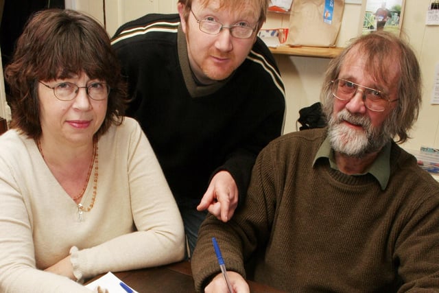 Sharon Bosworth, Dave Wood (poet)  and Kurt Bosworth at a Valentine's poetry workshop in Ilkeston in 2007.