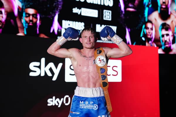 Dalton Smith celebrates with his English Super-Lightweight Title belt after his win over Lee Appleyard. Picture By Dave Thompson Matchroom Boxing