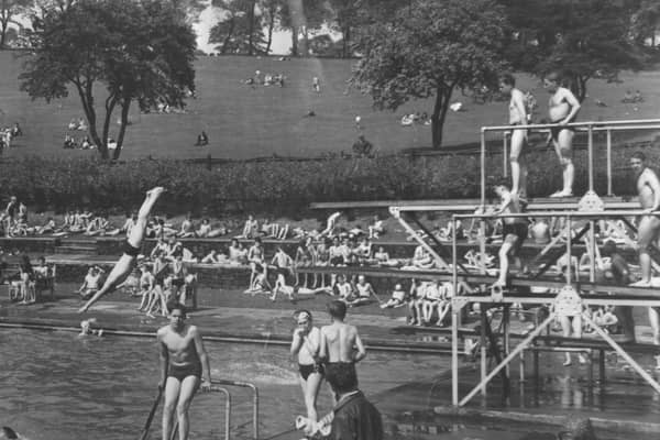 Bathers at Longley Park swimming pool, in Sheffield, on April 4, 1979