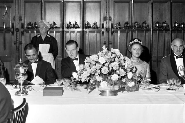King Hussein of Jordan and Princess Muna were guests of Scottish Secretary Willie Ross at Edinburgh Castle for a state banquet in July 1966.