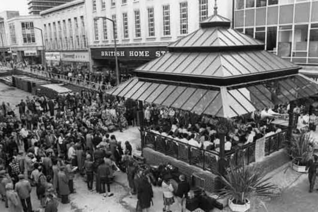 The bandstand on The Moor, in Sheffield city centre, in April 1983