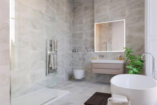 A grand bathroom is on offer in the Georgian flat continuing the theme of open plan spaces in the flat which make for light and airy contemporary living (photo: Rettie).