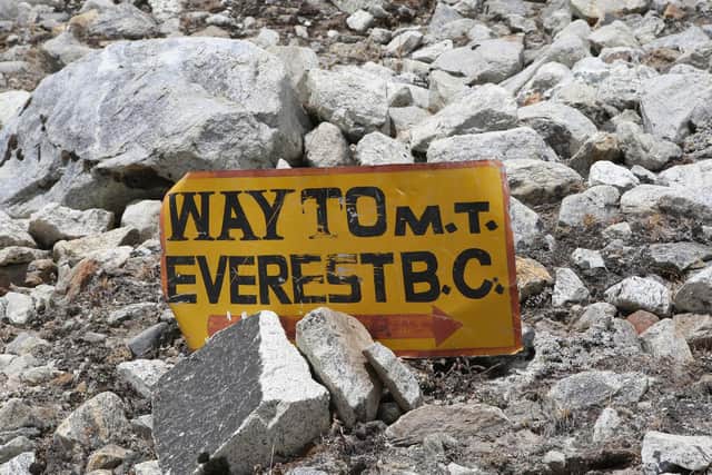 A general view of signage near Mount Everest Base Camp as the Walking with the Wounded team arrive after a 10-day hike through the Himalayas. PRESS ASSOCIATION Photo. Picture date: Monday April 9, 2012. Martin Hewitt, Captain Francis Atkinson, Captain David Wiseman, Private Jaco van Gass and Karl Hinett will live at the site more than three miles (5km) above sea level for the next seven weeks before their assault on the summit. See PA story CHARITY Everest. Photo credit should read: David Cheskin/PA Wire
