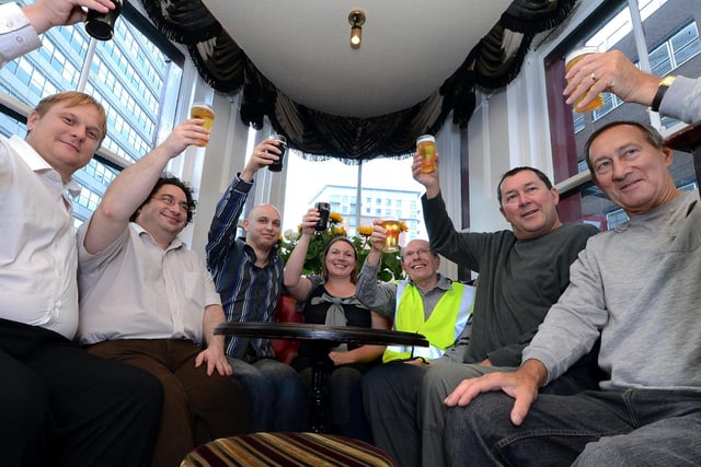 New company, Sheffield Real Ale Tours, launched a tour of real ale pubs. Our picture shows a tour director, Kristy Muffett, with tour members, from left, Peter Pheysey, Pete Griffiths, Jonathan Liddle, Rob Haslam, Steve Akeroyd and Ian Akeroyd having a drink in the Three Tuns pub, September 2013