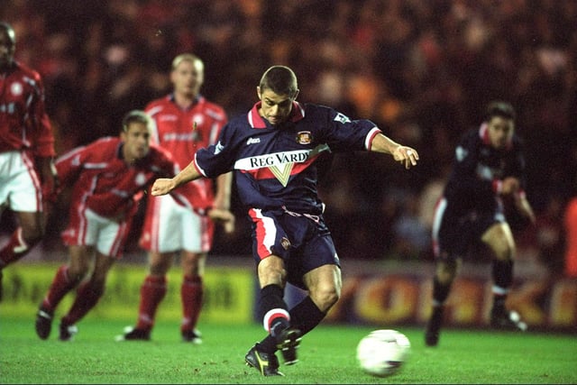 Kevin Phillips takes a penalty and misses during the FA Carling Premiership match against Middlesbrough played at the Riverside Stadium in Middlesbrough, England. The game ended in a 1-1.