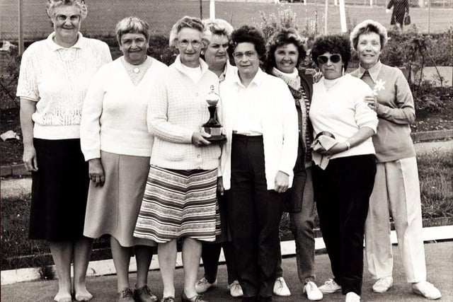Competitors in the Park's Women's Bowls Merit at Steel City are, left to right: Joan Hanson, Gladys Cross, Hilda Muntz, Pearl Elwell, Pauline Damms, Christine Cox, Pauline Tomlinson and Beryl Cooke, July7 , 1988