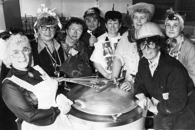 St Oswald's School cooks and cleaners join in the fun. Olive Ward, Isabelle Titterington, Sandara Oxberry, Jean Park, Margaret Henderson, Jessie Morris, Carol Robinson and Jennifer Campbell.