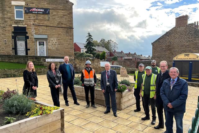 Cudworth ward Councillor Sir Steve Houghton CBE, Councillor Joe Hayward and Councillor Charlie Wraith MBE, Cabinet spokesperson for regeneration and culture Councillor Tim Cheetham, James Swann from Barratt Homes, Fiona O’Brien and Teresa Williams from Barnsley Council’s Principal Towns team, and David Robinson, Andy Robinson and Thomas Houghton from Barnsley Community Build who looked after the planting at the site.