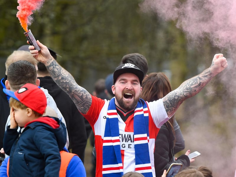 Rangers fans gather outside Murray Park as they are crowned champions on March 07, 2021, in Glasgow,