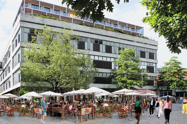 A view of the building from Barker's Pool showing how new cafes and restaurants on the ground floor could expand out to provide outdoor seating in the square taken by Tom Hunt and Adam Park.