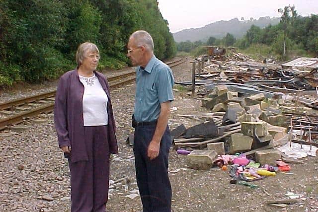 Former Sheffield MP Helen Jackson stands beside the Don Valley Line's remaining track in 2003