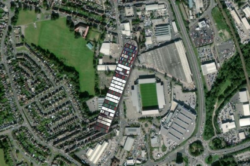 This shows the Ever Given next to the Technique Stadium, home of Chesterfield FC