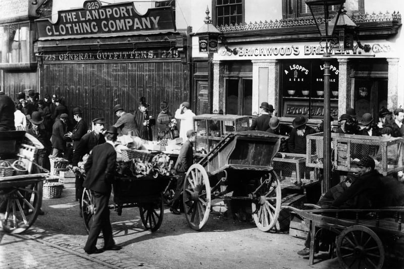 Street traders in a Essex Road, Southsea in the 1892. Photo by F J Mortimer/Hulton Archive/Getty Images