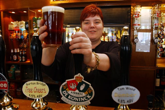 Duty manager Joanne Moss is pictured with a pint at the 2005 Wouldhave beer festival in 2005.