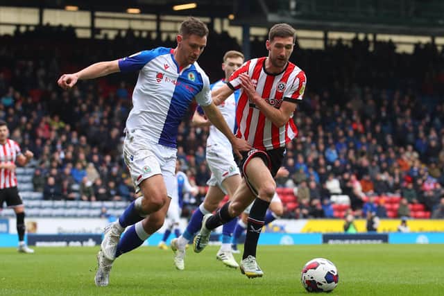 Hayden Carter of Blackburn Rovers and Chris Basham of Sheffield United battle it out: Simon Bellis / Sportimage