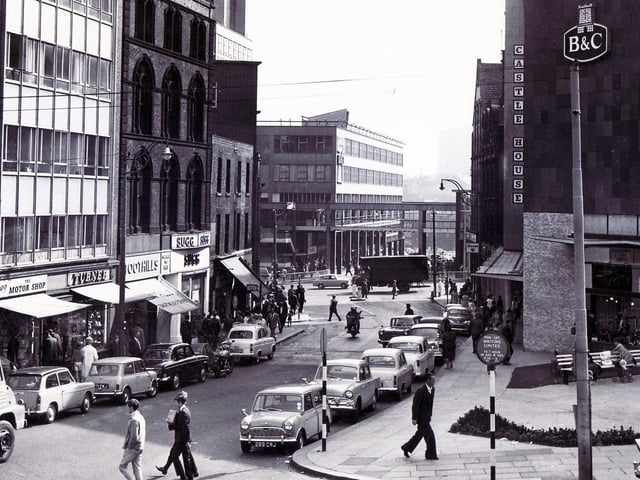 A view of Castle Street, Sheffield, looking towards the 'new' Castle Market building and Brightside & Carbrook department store on the right, August 1964