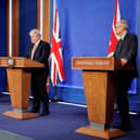 (left to right) Chief medical officer Sir Chris Whitty, Prime Minister Boris Johnson and Chief scientific adviser Sir Patrick Vallance during a media briefing in Downing Street, London, to outline the Government's new long-term Covid-19 plan.  Photo: Tolga Akmen/PA Wire